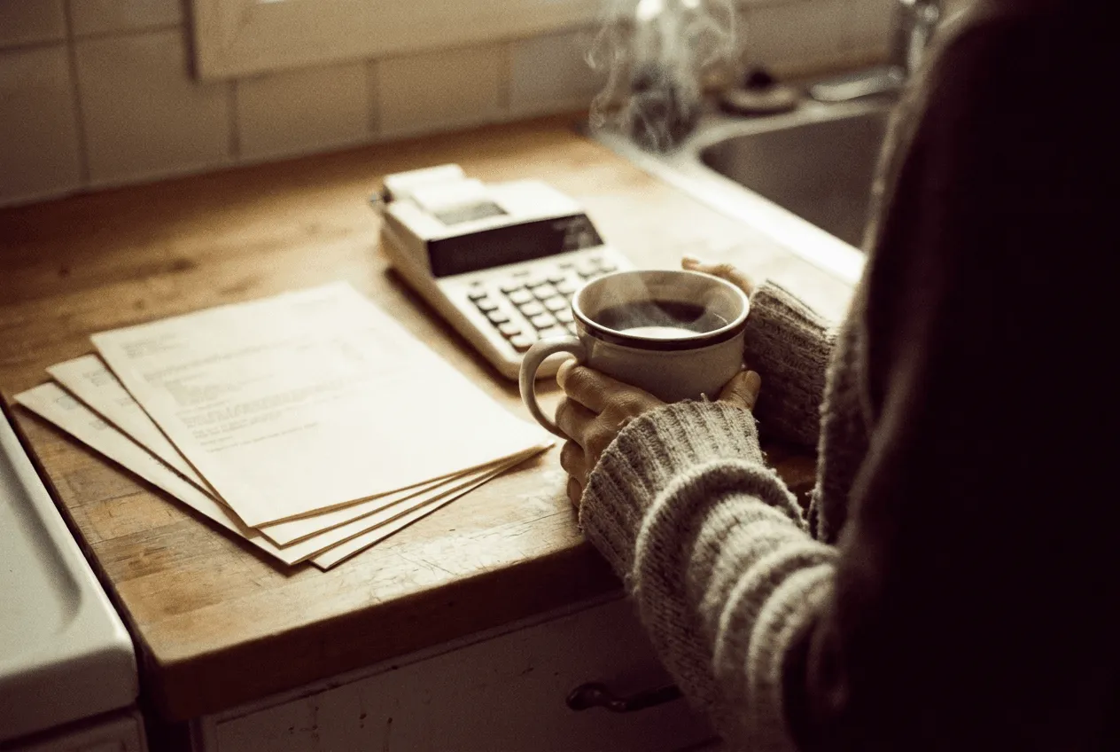 Coffee and a calculator beside home loan paperwork on a timber table