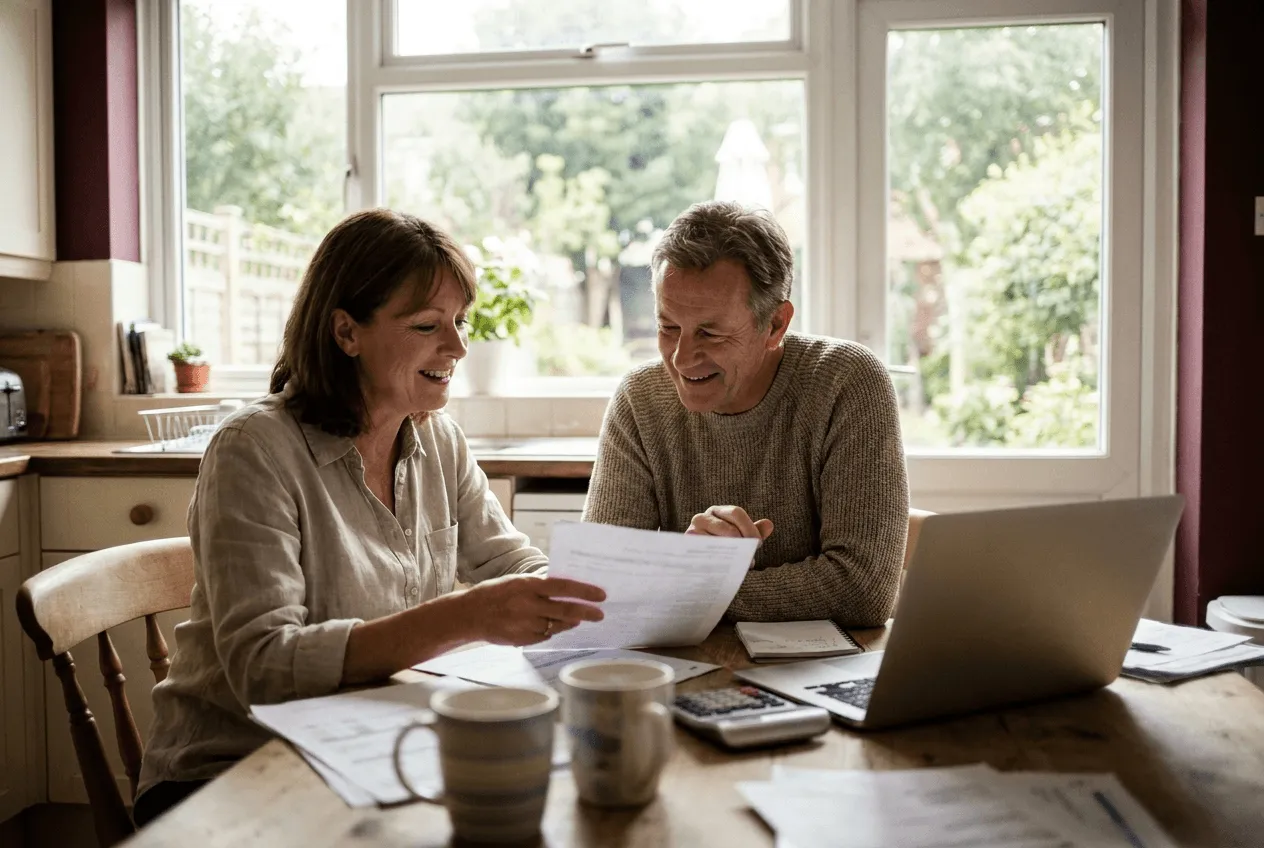 Couple reviewing their settled home loan at the kitchen table